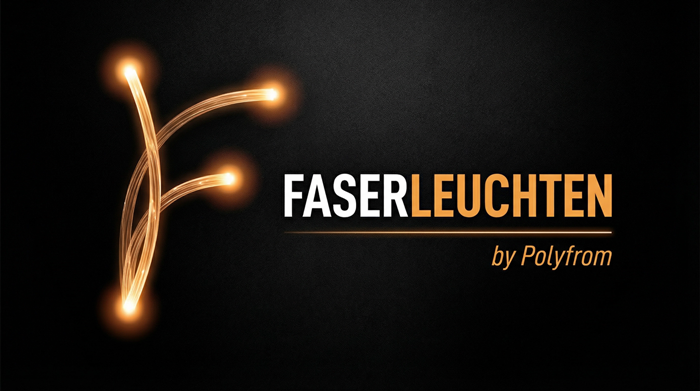 Leuchtende Fasern formen ein F auf dunklem Hintergrund neben dem Schriftzug FASERLEUCHTEN