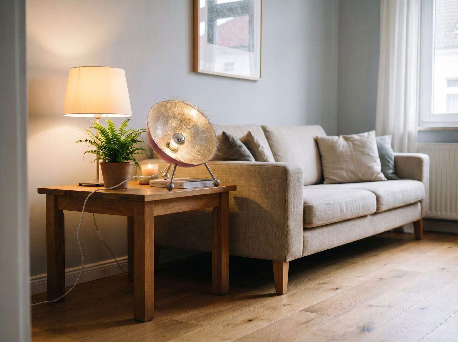 Helles Wohnzimmer mit beigem Sofa, Holztisch, Lampe und grüner Pflanze