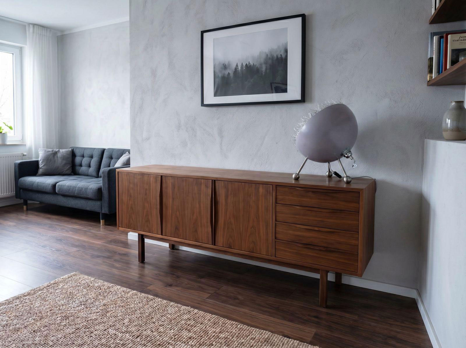 Ein moderner Raum mit grauem Sofa, Holzkommode und einzigartiger Lampe