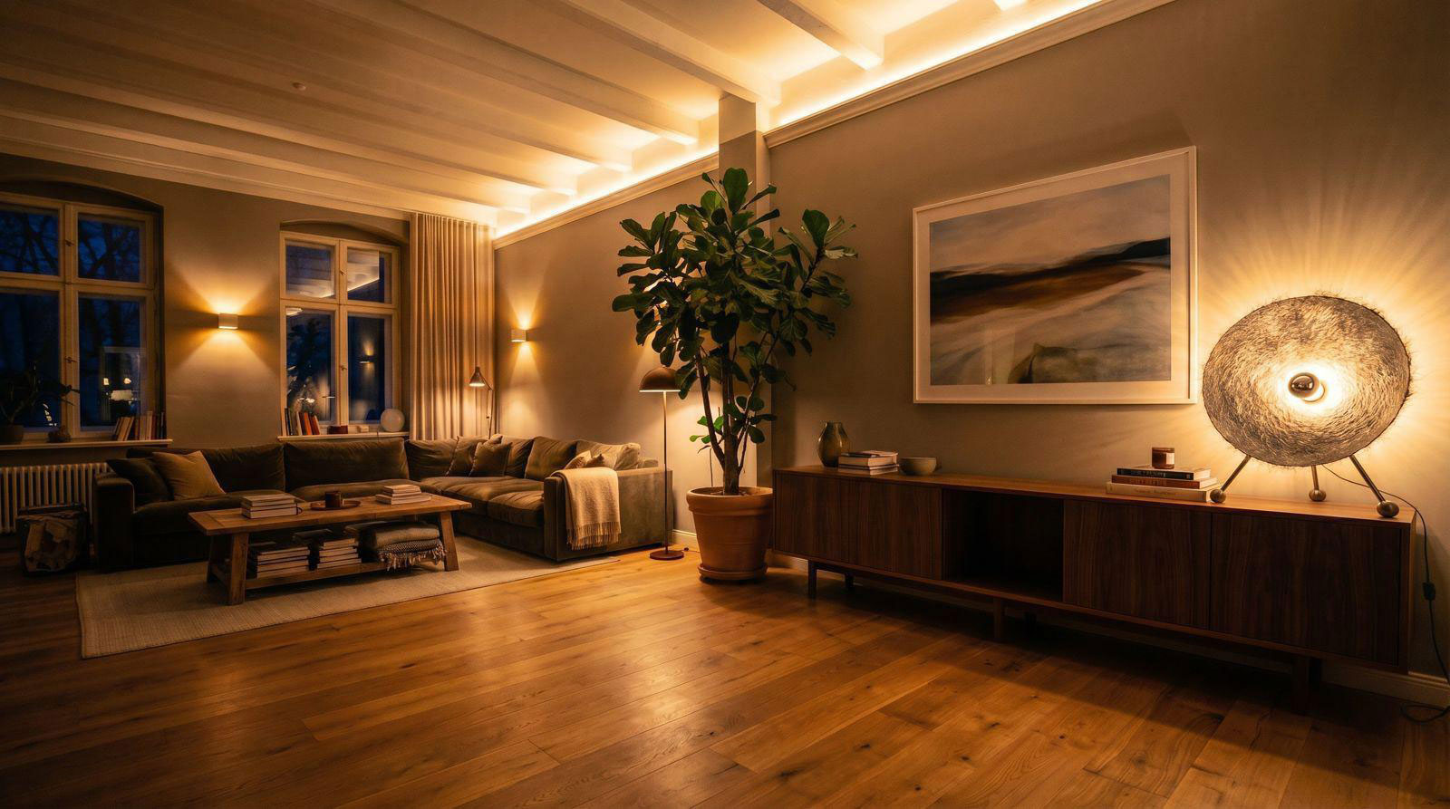Ein stilvolles Wohnzimmer mit warmem Licht, Holzboden und moderner Kunst