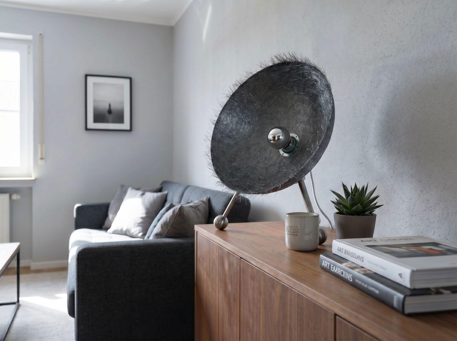 Grauer Sessel neben Holzmöbel mit moderner Lampe, Pflanze und Bücher