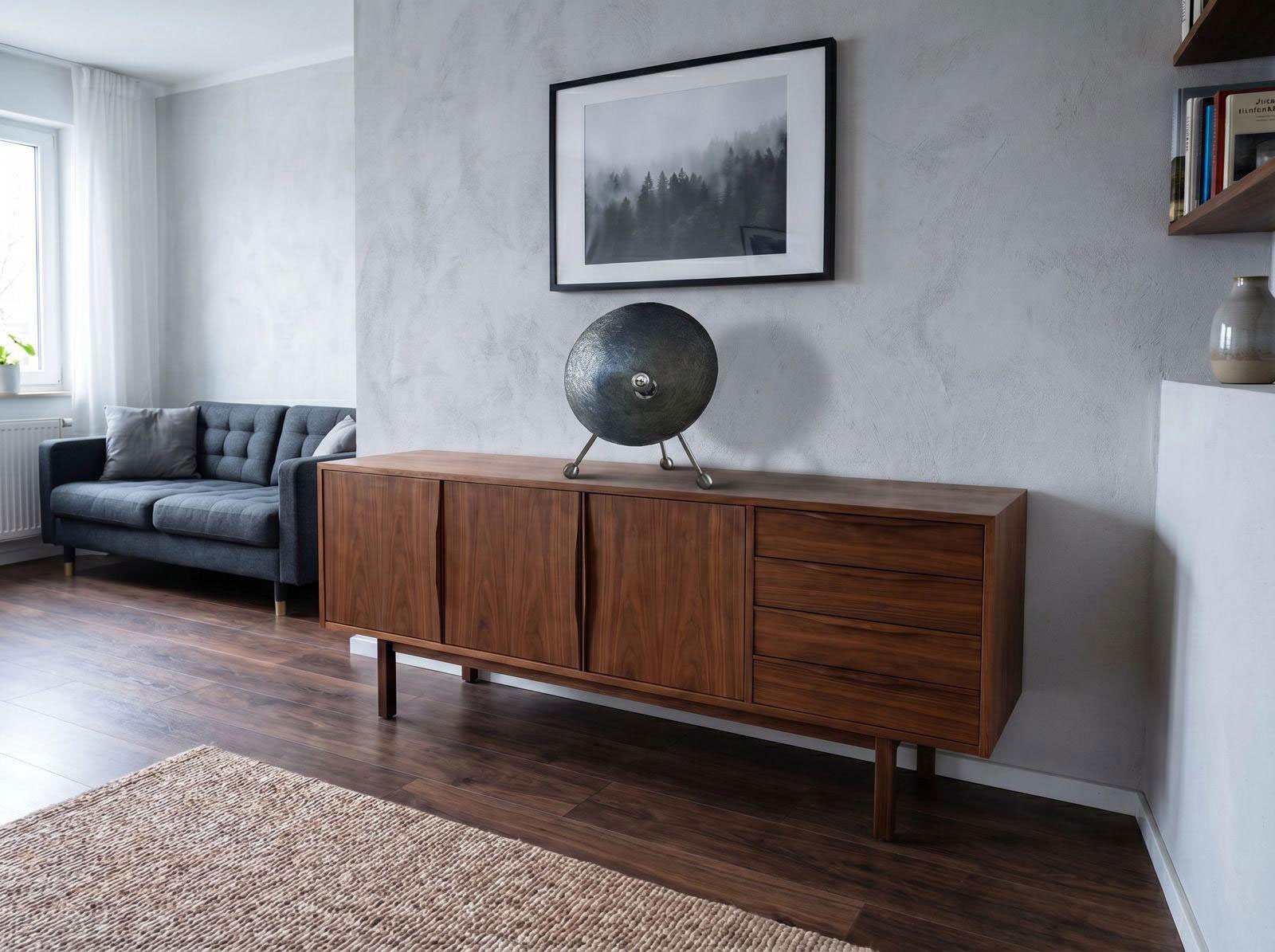 Ein moderner Holzschrank steht vor einer grauen Wand mit einem Kunstbild darüber