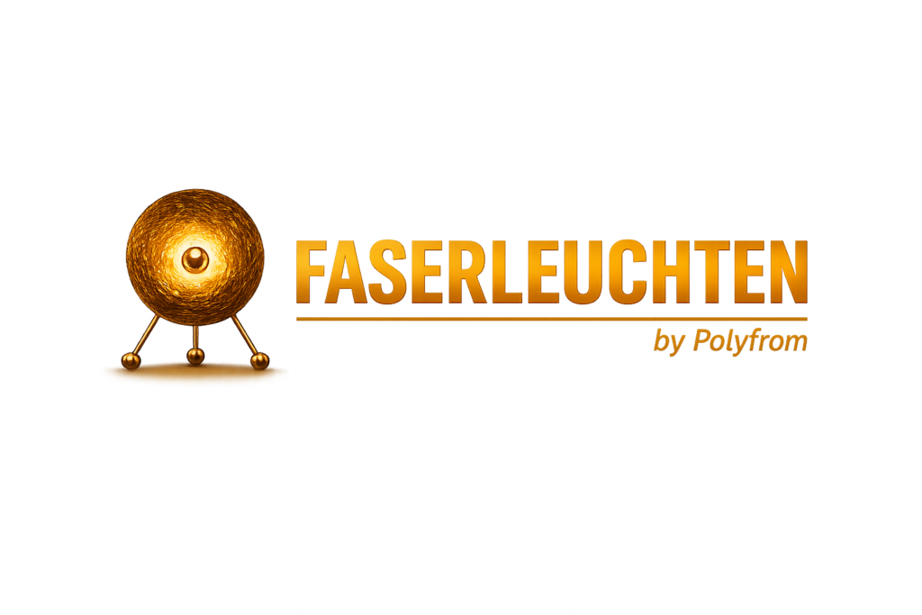 Goldene Kugelfigur mit Auge und Beinen neben FASERLEUCHTEN Schriftzug