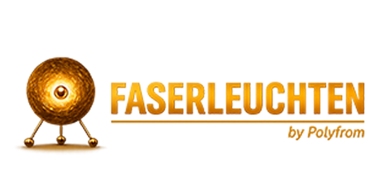 Goldenes Faserwesen laechelt neben gelbem Faserleuchten Schriftzug